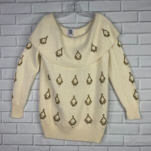 vintage 80s sweater wool angora rabbit cream beaded pearls size medium women